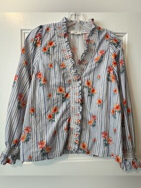 Entro Floral Stripe Ruffle Trim Boho Blouse Size S